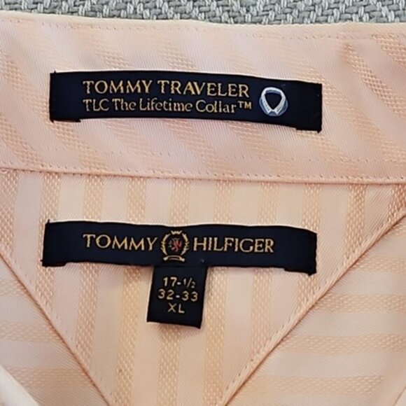 Tommy Hilfiger Dress Shirt Men's 17 1/2 32-33 XL Peach Herringbone Long Sleeve - Picture 4 of 14